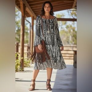 Roper Black and White Long Sleeve Boho Midi Dress